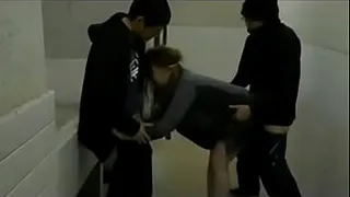 Asian bitch group sex in public toilet
