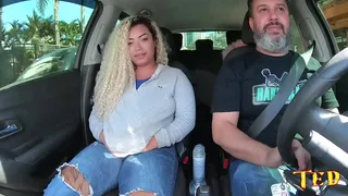 Grumpy blonde ready naked in car on the streets of Sao Paulo