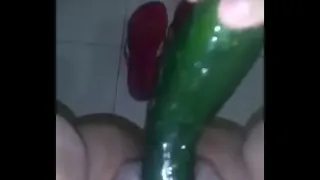 My step cousin's girlfriend masturbates richly with a cucumber and moans like crazy