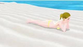 Emma: Blonde anime girl wears eyepatch bikini on the beach