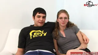 Brunette skinny wife gets a facial on her glasses after the interracial sex
