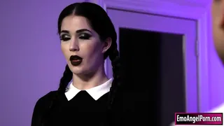 Small tits goth Wednesday Addams is convinced by a tattooed guy to get fucked.He kisses her and makes her deepthroat his big cock.She facesits him and is doggystyled rough.He keeps on banging her