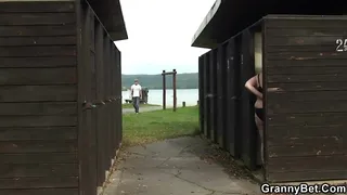 Busty old granny gets nailed on public