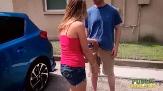 PublicHandjobs - Blonde apartment dweller Kendra Lynn drops everything to give handjob outdoors