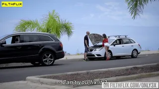 Raven haired beauty gets picked up after her car breaks down and gets her pussy stretched with a hard thick cock