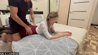 Massage for stepsister ended with hot, hard sex with an ending in a dirty mouth