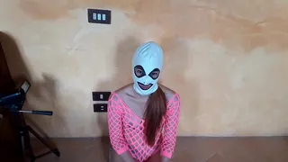 Laura on Hee step sister in sexy lingerie, high heels and mask has to suck a massive cock on her knees.