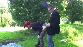 The horny cunt hole neighbor, red-haired is horny outdoors banged