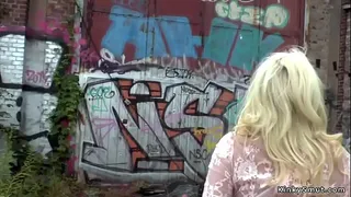 Two hot blonde slaves in bar fucking for the crowd