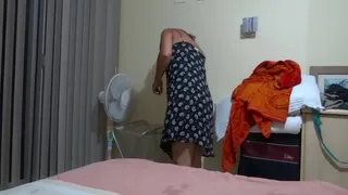 My step sister-in-law asks me to go to her bedroom after the beach to have her suck my cock, I jerk off while she puts her huge dildo in her hairy pussy and ass