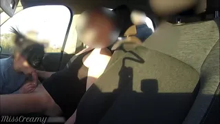Voyeur watching us while my hot wife masturbating and sucking cock in car at the parking - Risky Public Sex - Caught Blowjob by stranger