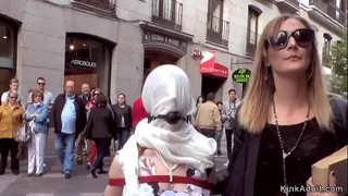 Petite Spanish slut anal banged by huge dick in group in a bar