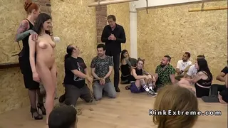 Master and mistress dragged brunette busty slave Francesca DiCaprio in bdsm club