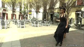 Innocent European brunette in bar made to suck and fuck