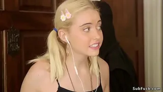 Husband John Strong taped pussy and fucked his big tits blonde wife Angel Allwood then in threesome bdsm fucked brat teen