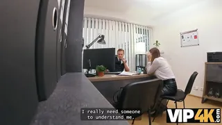 VIP4K. Blonde Maya with big tits is fucking a bank worker on the office. Hot interview with Maya
