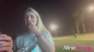 Busty blonde takes a walk in the park with the right to a hot blowjob from the motorcycle boy