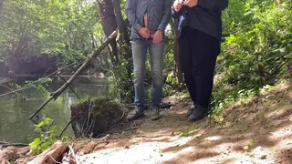 MILF showed her fat sexy belly and boobs while jerking me off outside