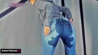The girl pissed herself into jeans.