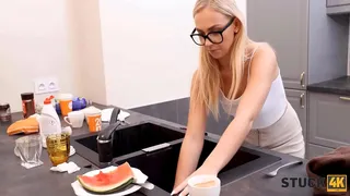 Lucky Stud Fucks Friend's Tight Pussy in Kitchen (Stuck4K)