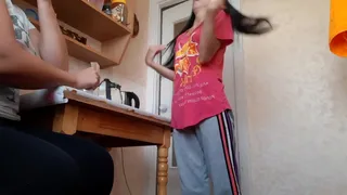 Fucked sister's friend in the kitchen while sister was in another room