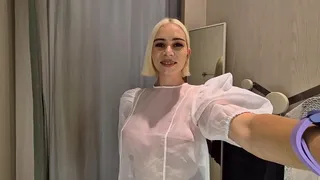 Try on haul transparent and latex clothes in the dressing room. Public fetish