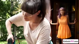 Lesbian carpenter comforting her client.They start kissing in the kitchen.The big tits babe gives in while the milf licks and fingers her hairy pussy