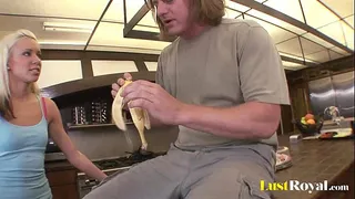 Chick with small boobs gets rammed hard on the kitchen counter