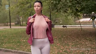 Camel-toe leggings and transparent blouse
