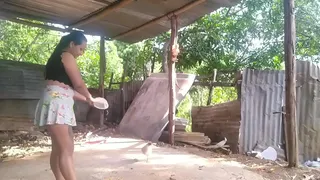 While she was working in the corral, her boss arrives to interrupt her and insinuate herself and convinces her to fuck in the courtyard of the house.
