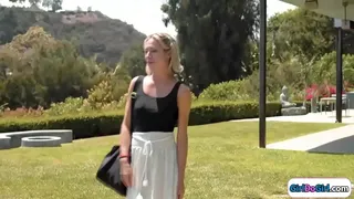 Blonde got divorced due to her coming out but does not have lesbian experience.The small tits brunette will teach her.They kiss and lick shaved pussy