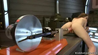 Busty solo brunette hottie Alaina Fox in doggy position with spreaded legs gets machine from behind then on the bench fucks machine till orgasm