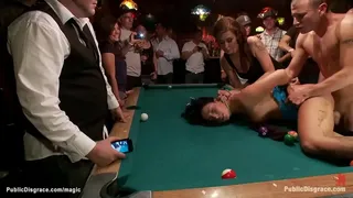 Bent over pool table dirty legs brunette slave Aria Aspen gets pussy rough fucked by big cock Mr Pete in public bar in front of crowd
