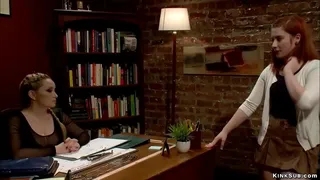 Big tits blonde lezdom professor Aiden Starr bends over desk sexy redhead teen Sadie Kennedy and spanks her hot ass with ruler then whips