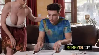 Busty stepmother uses her big boobs to tutor her stepson in math and lets him rough fuck her