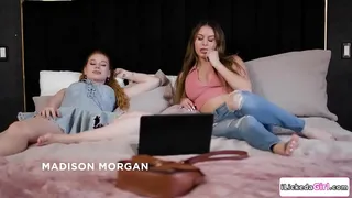 Big tits redhead babe encouraging her lesbian brunette friend to stop using cigarette by letting her suck her breasts and lick her shaved pussy.