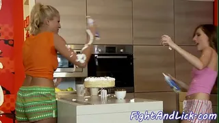 Euro lesbos pussylicking after a cake fight