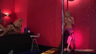 Good looking blonde slut likes to suck a delicious cock in the strip club before getting her pussy fucked while two guys lick each other's cunts right next to her.