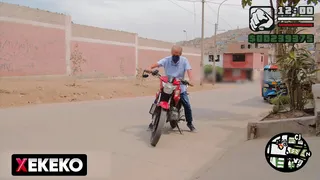Young man picks up whore from the street on his motorcycle