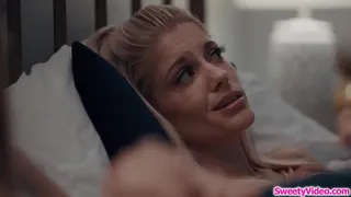 Blonde meets her new small tits stepsister and she starts masturbating in bed next to her.Shes turned on and lets her new stepsis lick her wet pussy