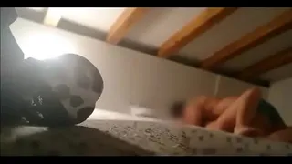 my girlfriend and I doing it and her waiting in the living room