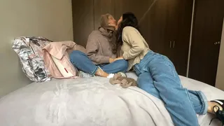 The neighbor teaches me how to try on the veiled stockings I bought to wear with my husband
