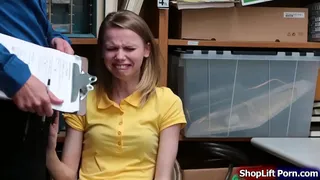 Skinny teen is arrested by store officer for stealing jewelry in the store.The officer tells her that if she makes him happy he wont call the cops.She starts removing her clothes and throats officers cock.In return the officer fucks her tight pussy.