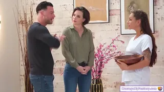 MassageMyFantasy.com - Busty masseuse gives a small tits milf a nuru massage while husband watches.He joins and fingers the big tits babe.The wife is fucked while facesitted