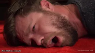 Short haired brunette femdom Joey Minx gags bent over man slave Mike Panic then ties his balls and pegs him with strap on cock till makes him worship