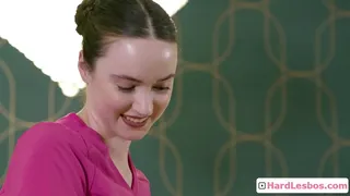 Big tit blondie customer seduced by brunette masseuse and kiss her nice