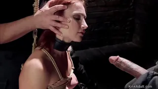 Redhead slave trainee in cross legged suspension with arms in box tie then master makes her suck and fuck bbc to Mickey Mod