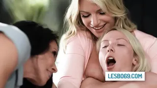 Sexy blonde teen gets her pussy licked by two lesbian milfs