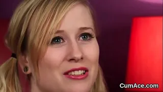 Horny doll gets cumshot on her face sucking all the semen