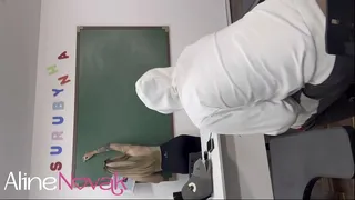 Young blonde, the best behaved student in the classroom, goes to help two classmates, ends up giving them blowjobs and they punch her hard until they cum